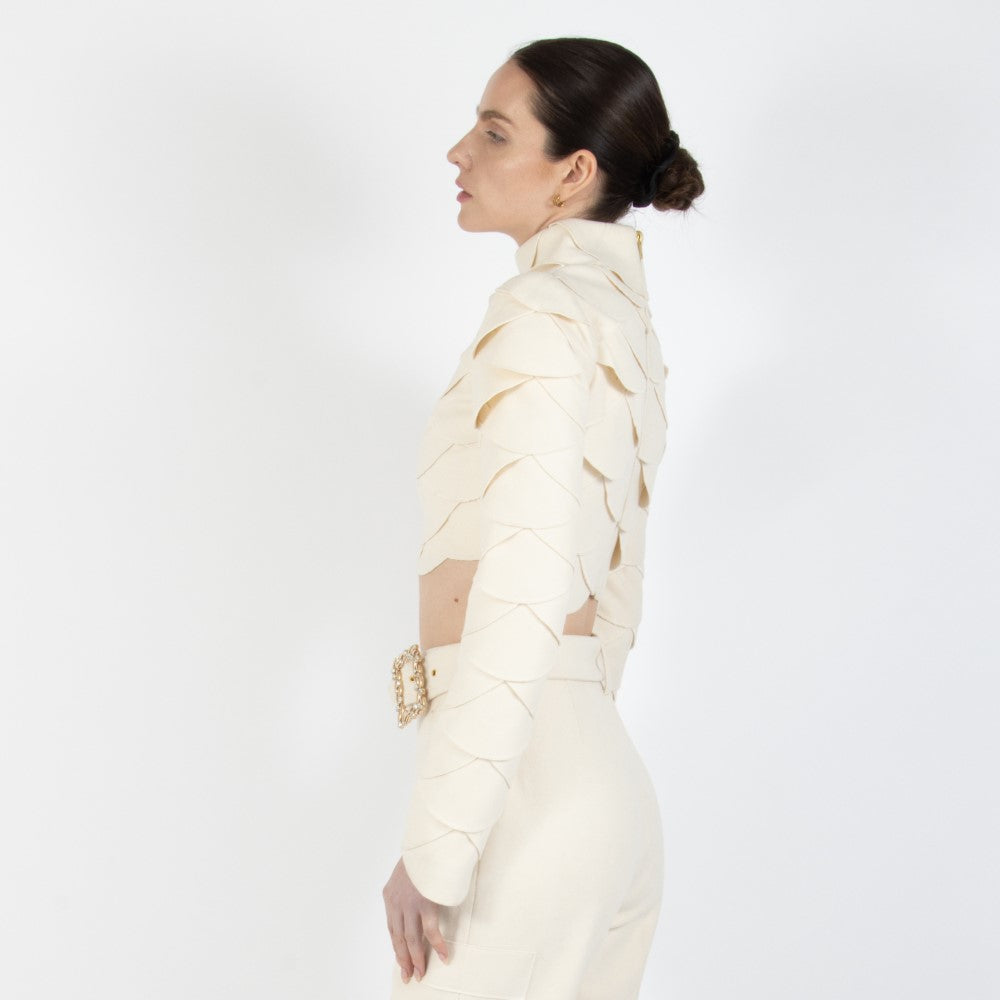 Ecru White Lunara Scalloped Wool Crop Top