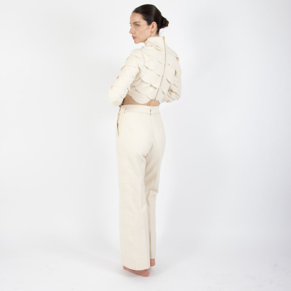 Ecru White Lunara Flair Bottom Wool Trouser With Embellishment At Waist Band