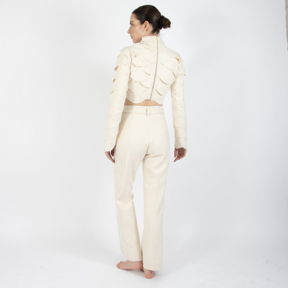 Ecru White Lunara Flair Bottom Wool Trouser With Embellishment At Waist Band
