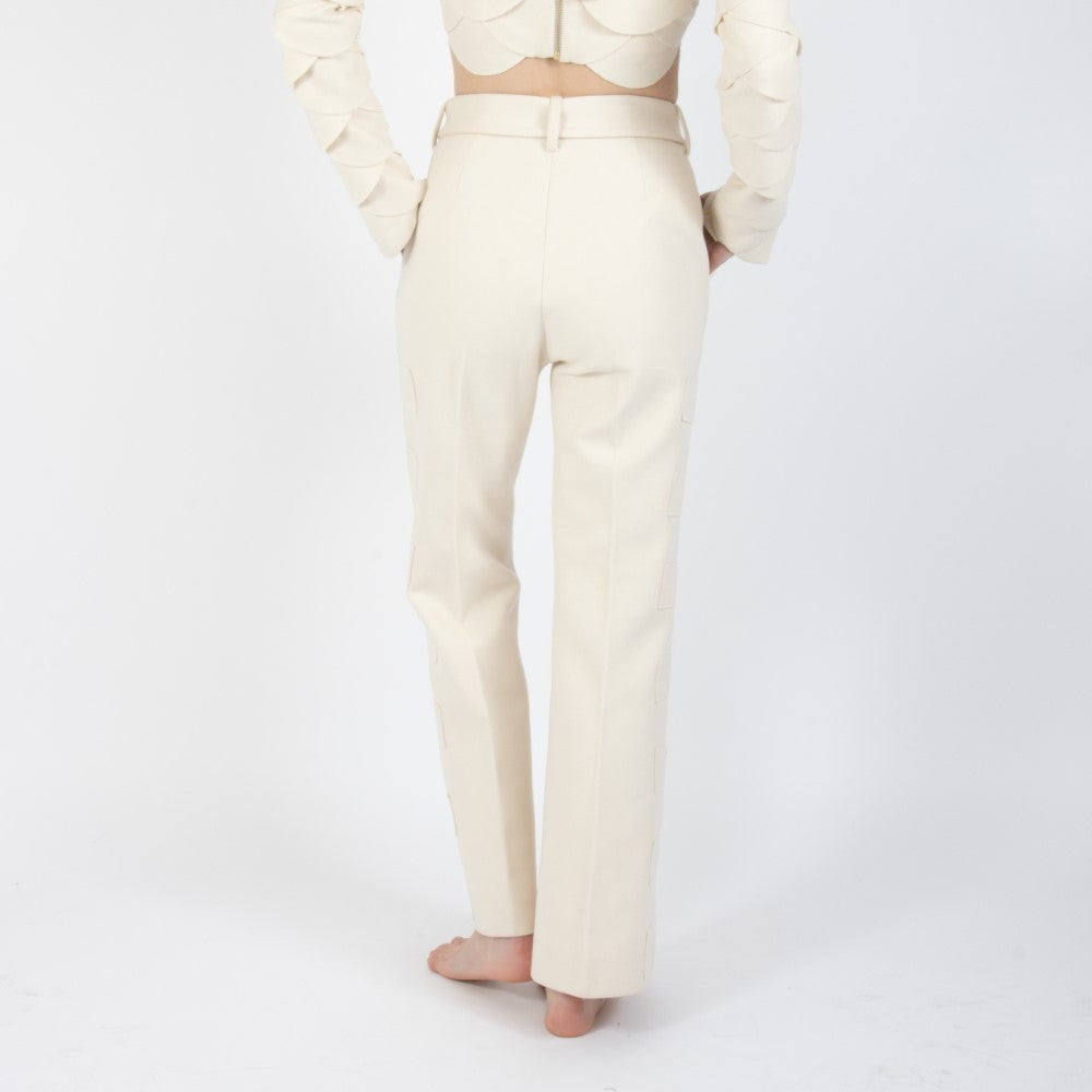 Ecru White Lunara Flair Bottom Wool Trouser With Embellishment At Waist Band