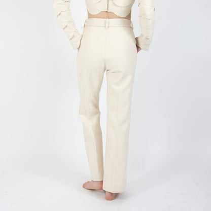 Ecru White Lunara Flair Bottom Wool Trouser With Embellishment At Waist Band