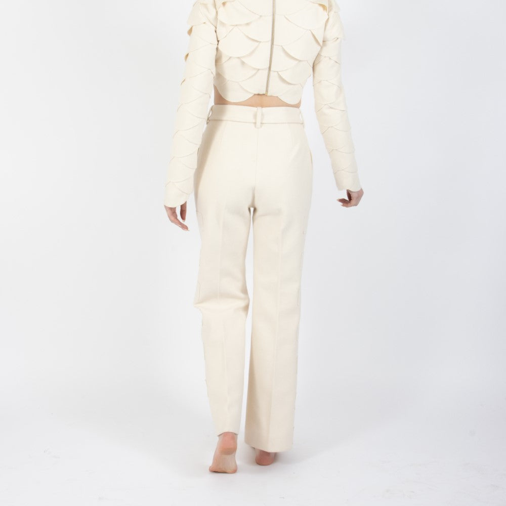 Ecru White Lunara Flair Bottom Wool Trouser With Embellishment At Waist Band