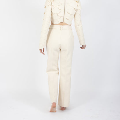 Ecru White Lunara Flair Bottom Wool Trouser With Embellishment At Waist Band