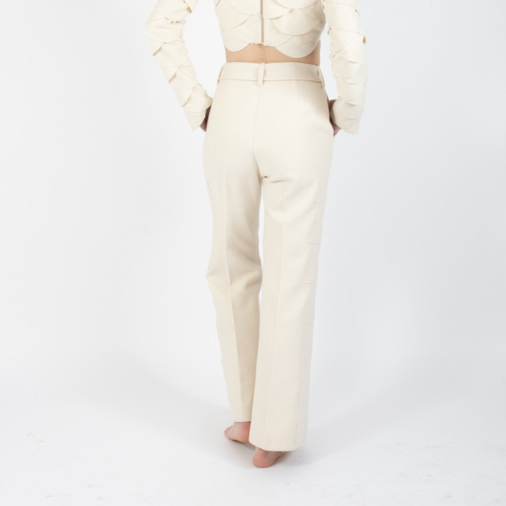Ecru White Lunara Flair Bottom Wool Trouser With Embellishment At Waist Band
