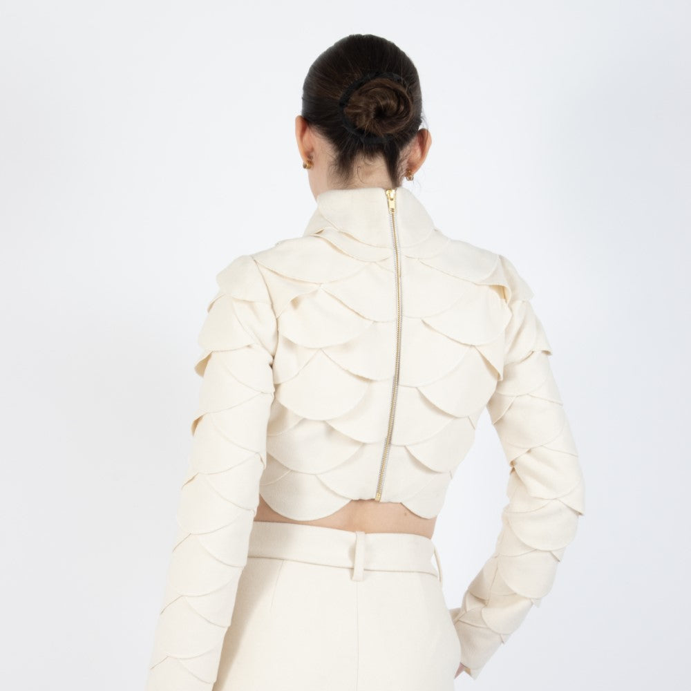 Ecru White Lunara Scalloped Wool Crop Top