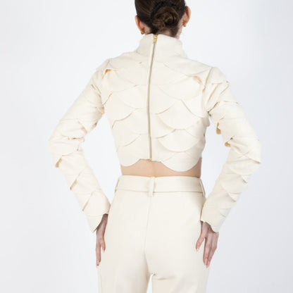 Ecru White Lunara Scalloped Wool Crop Top
