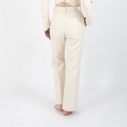 Ecru White Lunara Flair Bottom Wool Trouser With Embellishment At Waist Band