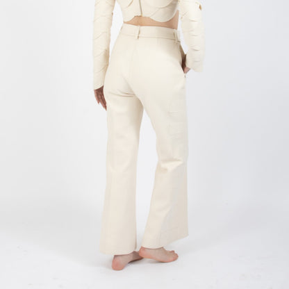 Ecru White Lunara Flair Bottom Wool Trouser With Embellishment At Waist Band