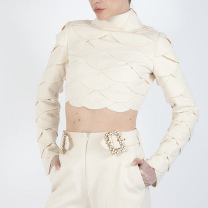Ecru White Lunara Scalloped Wool Crop Top
