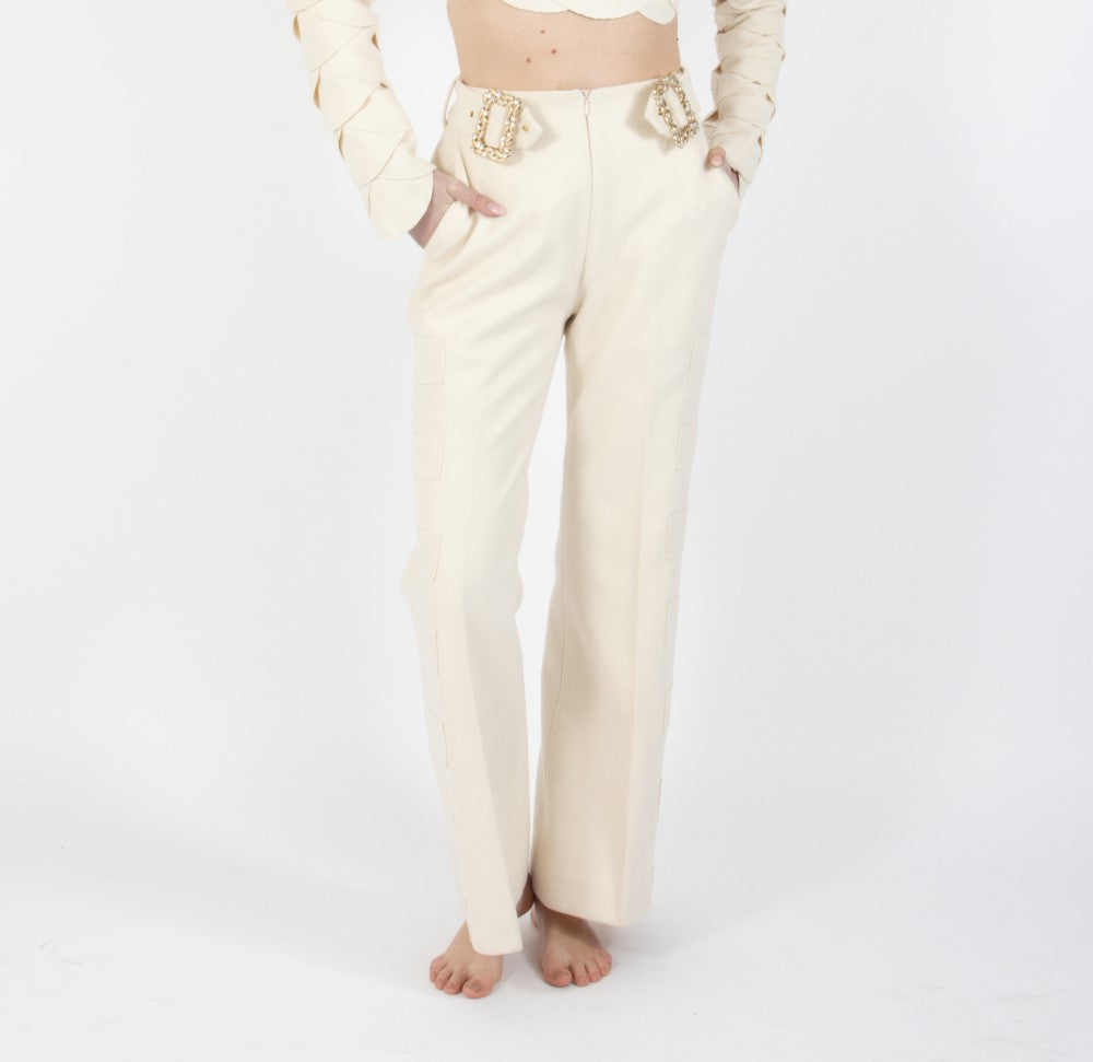 Ecru White Lunara Flair Bottom Wool Trouser With Embellishment At Waist Band