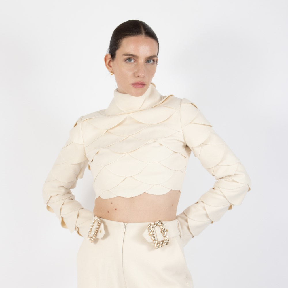 Ecru White Lunara Scalloped Wool Crop Top