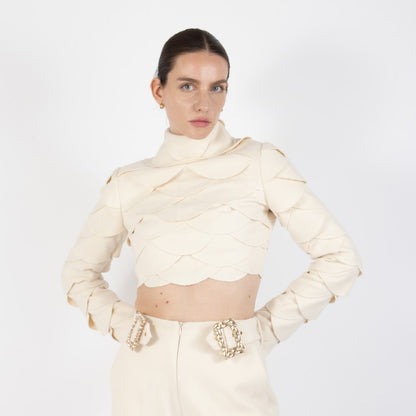 Ecru White Lunara Scalloped Wool Crop Top