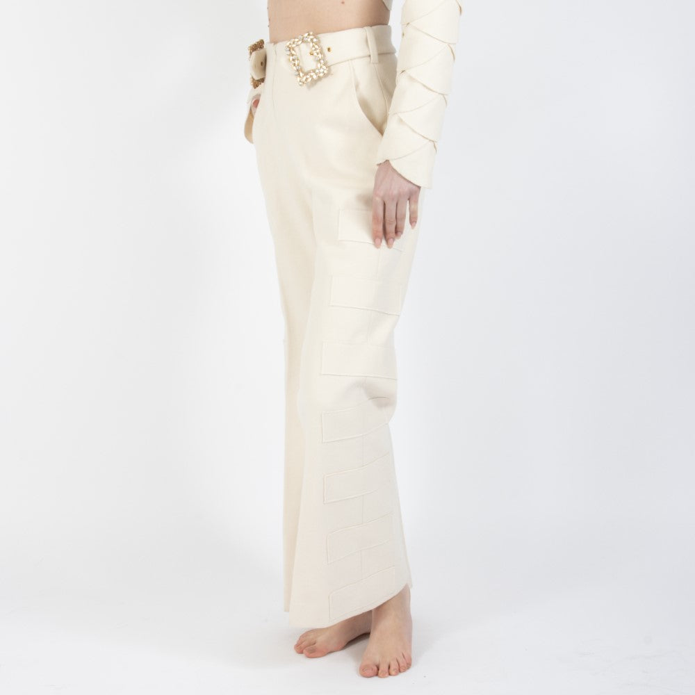 Ecru White Lunara Flair Bottom Wool Trouser With Embellishment At Waist Band