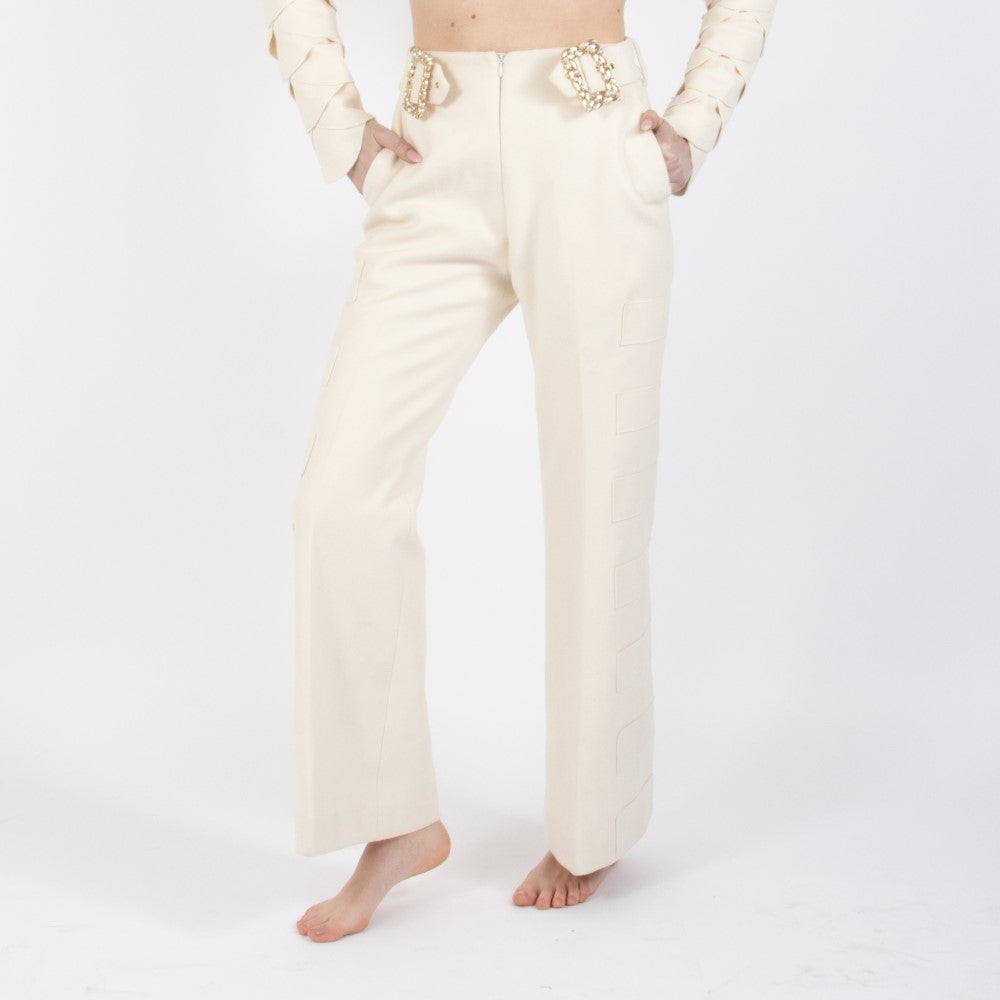 Ecru White Lunara Flair Bottom Wool Trouser With Embellishment At Waist Band