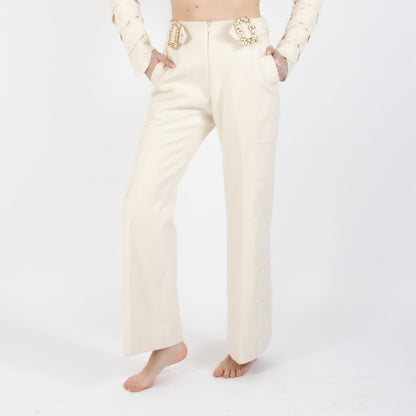 Ecru White Lunara Flair Bottom Wool Trouser With Embellishment At Waist Band
