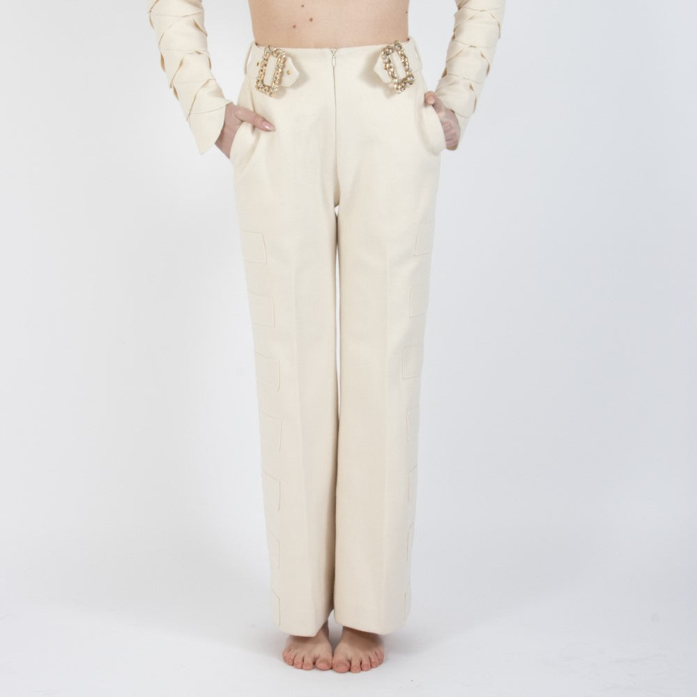 Ecru White Lunara Flair Bottom Wool Trouser With Embellishment At Waist Band