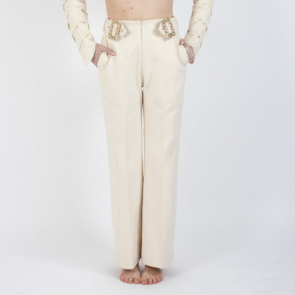 Ecru White Lunara Flair Bottom Wool Trouser With Embellishment At Waist Band