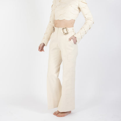 Ecru White Lunara Flair Bottom Wool Trouser With Embellishment At Waist Band