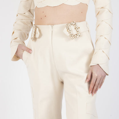 Ecru White Lunara Flair Bottom Wool Trouser With Embellishment At Waist Band