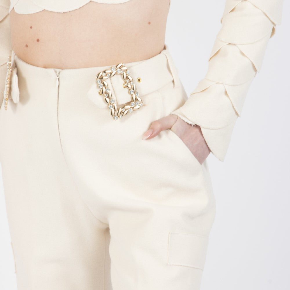 Ecru White Lunara Flair Bottom Wool Trouser With Embellishment At Waist Band
