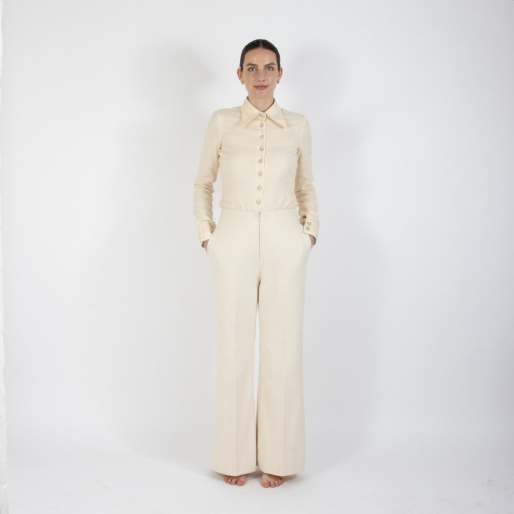 Ecru White Lumiere Wide Leg Wool Trouser
