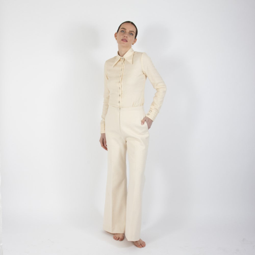 Ecru White Lumiere Wide Leg Wool Trouser