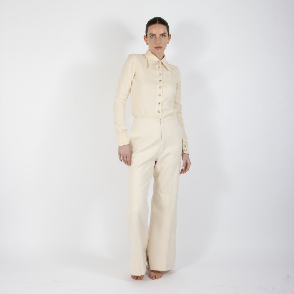Ecru White Lumiere Wide Leg Wool Trouser
