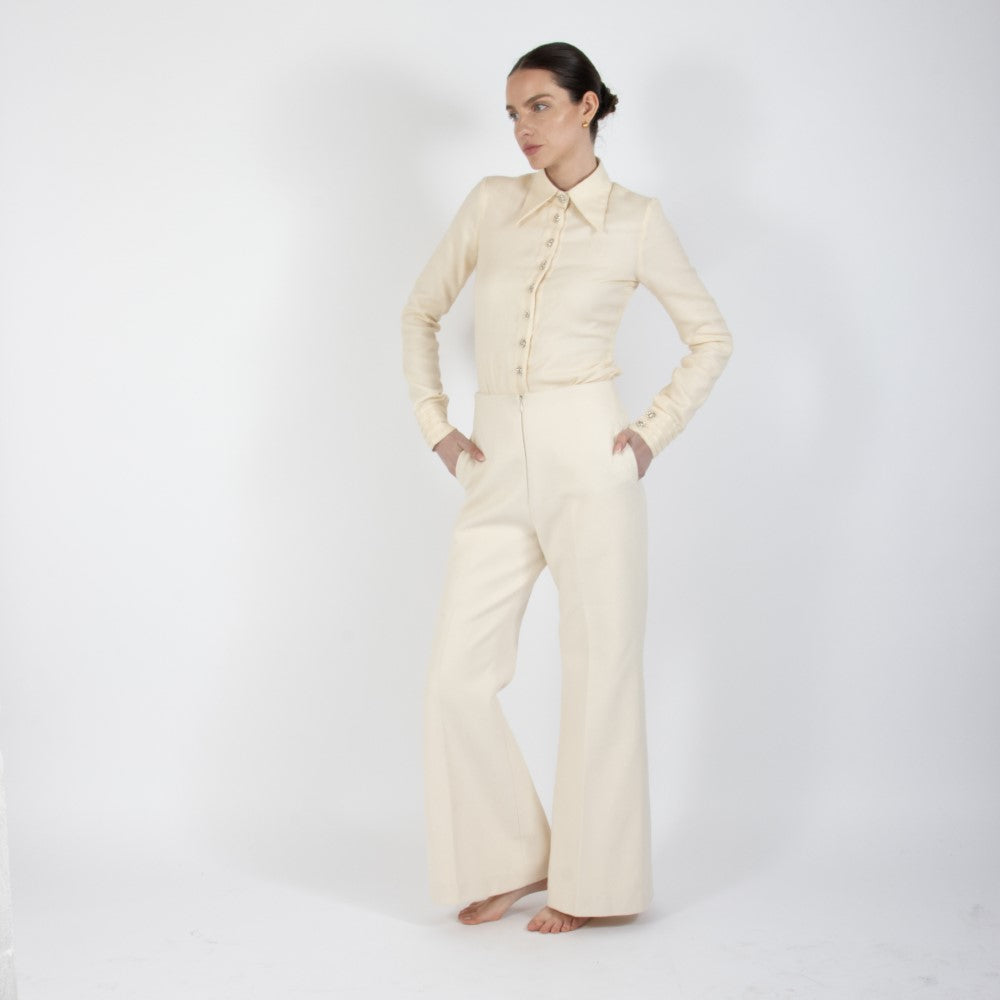 Ecru White Lumiere Wide Leg Wool Trouser