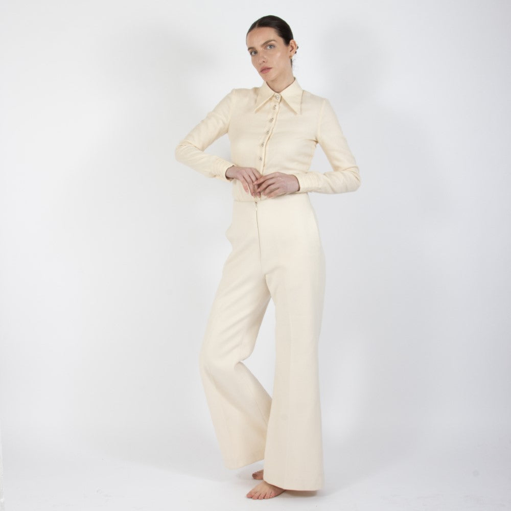Ecru White Lumiere Wide Leg Wool Trouser