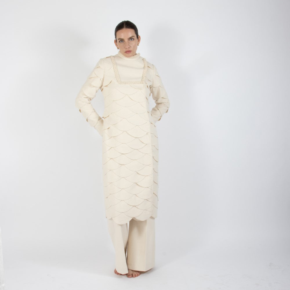 Ecru White Lumiere Scalloped Wool Overcoat