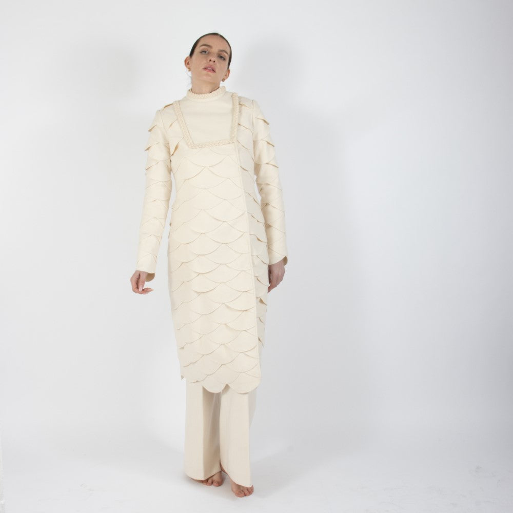 Ecru White Lumiere Scalloped Wool Overcoat