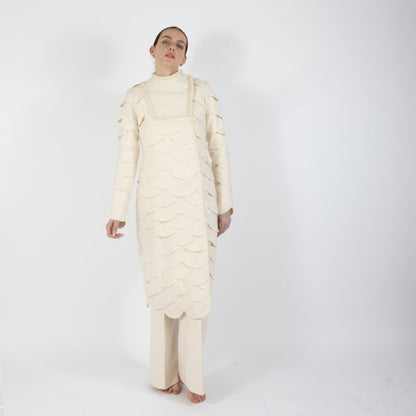 Ecru White Lumiere Scalloped Wool Overcoat