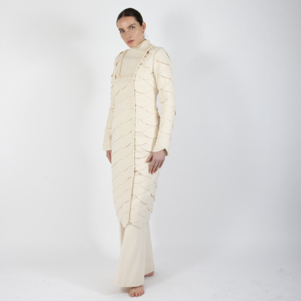 Ecru White Lumiere Scalloped Wool Overcoat