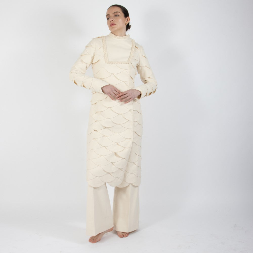Ecru White Lumiere Scalloped Wool Overcoat