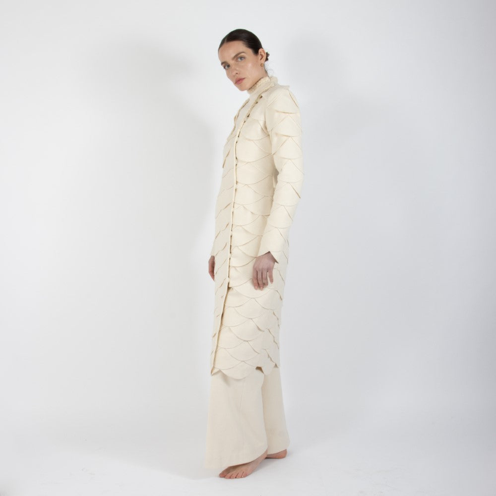 Ecru White Lumiere Scalloped Wool Overcoat