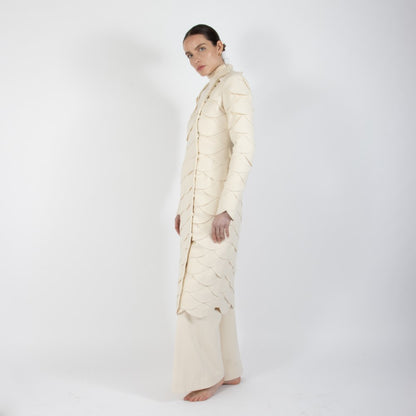Ecru White Lumiere Scalloped Wool Overcoat