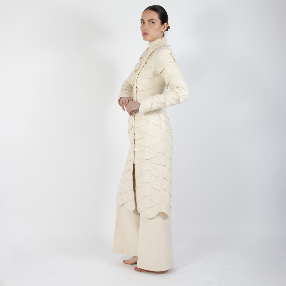 Ecru White Lumiere Scalloped Wool Overcoat