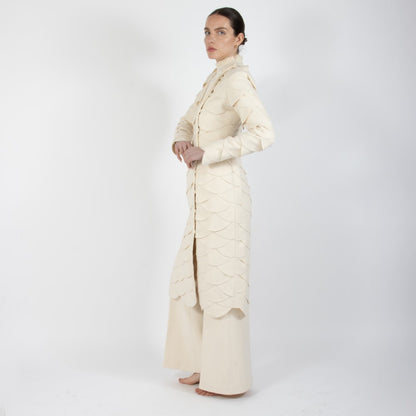 Ecru White Lumiere Scalloped Wool Overcoat