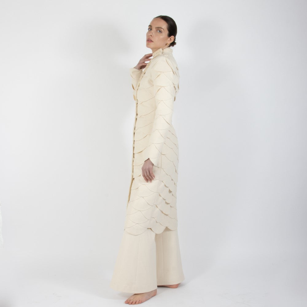 Ecru White Lumiere Scalloped Wool Overcoat
