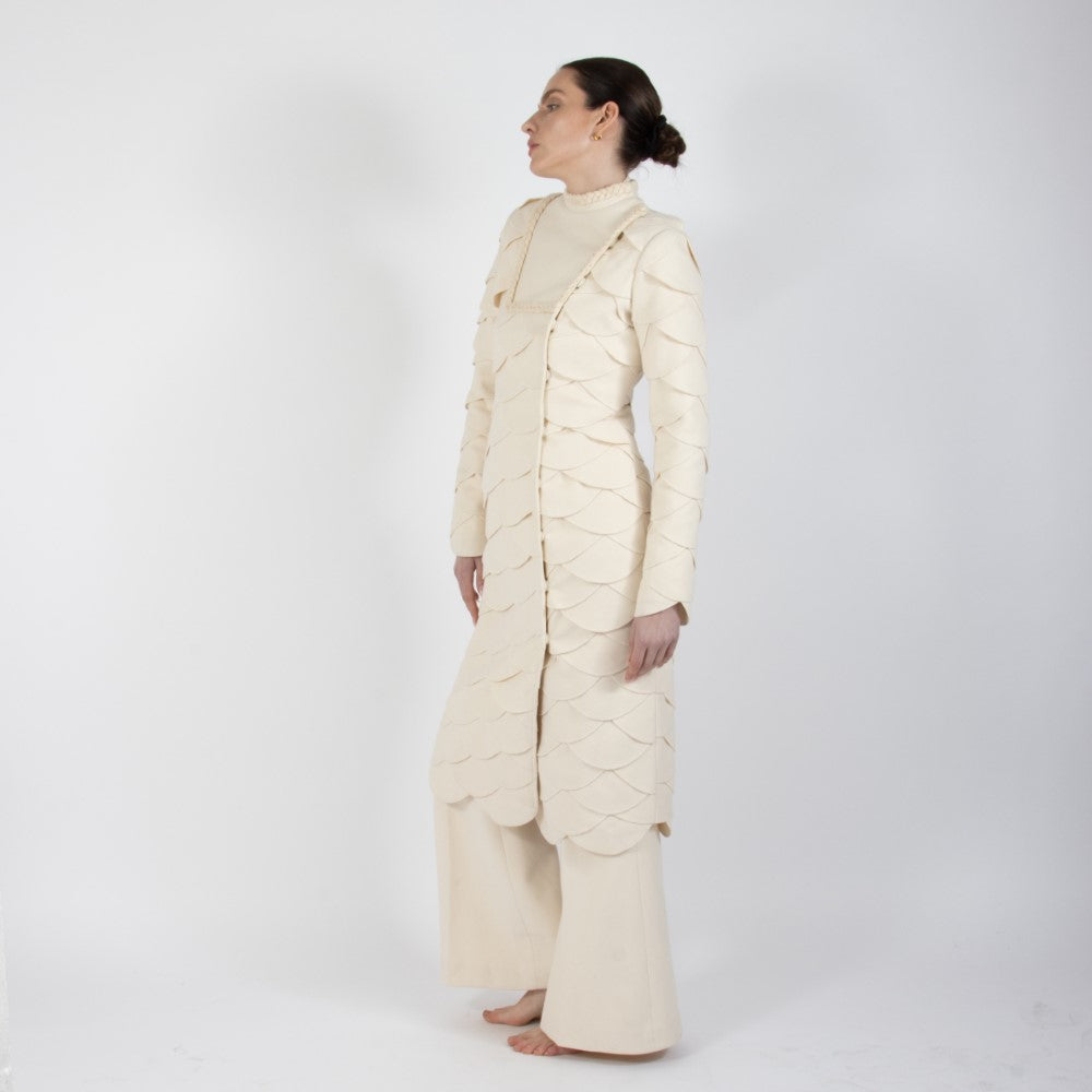 Ecru White Lumiere Scalloped Wool Overcoat