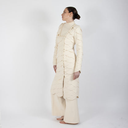Ecru White Lumiere Scalloped Wool Overcoat