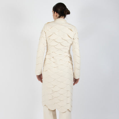 Ecru White Lumiere Scalloped Wool Overcoat