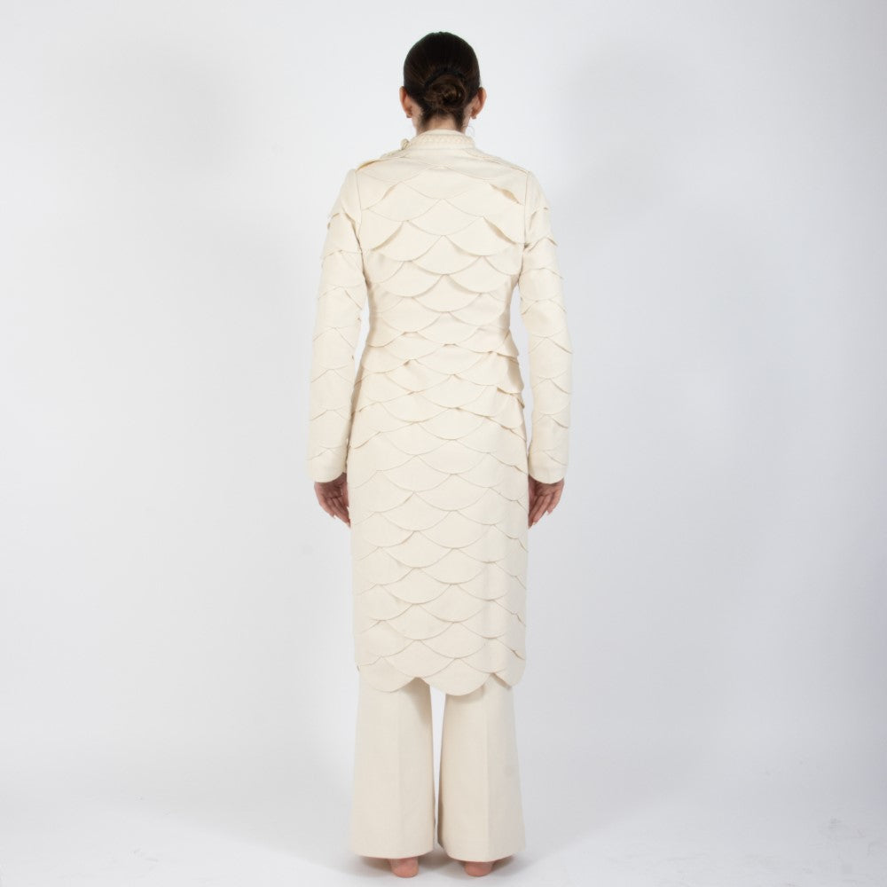 Ecru White Lumiere Scalloped Wool Overcoat