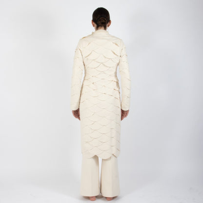 Ecru White Lumiere Scalloped Wool Overcoat