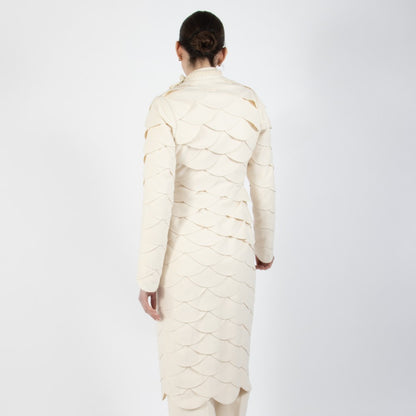 Ecru White Lumiere Scalloped Wool Overcoat