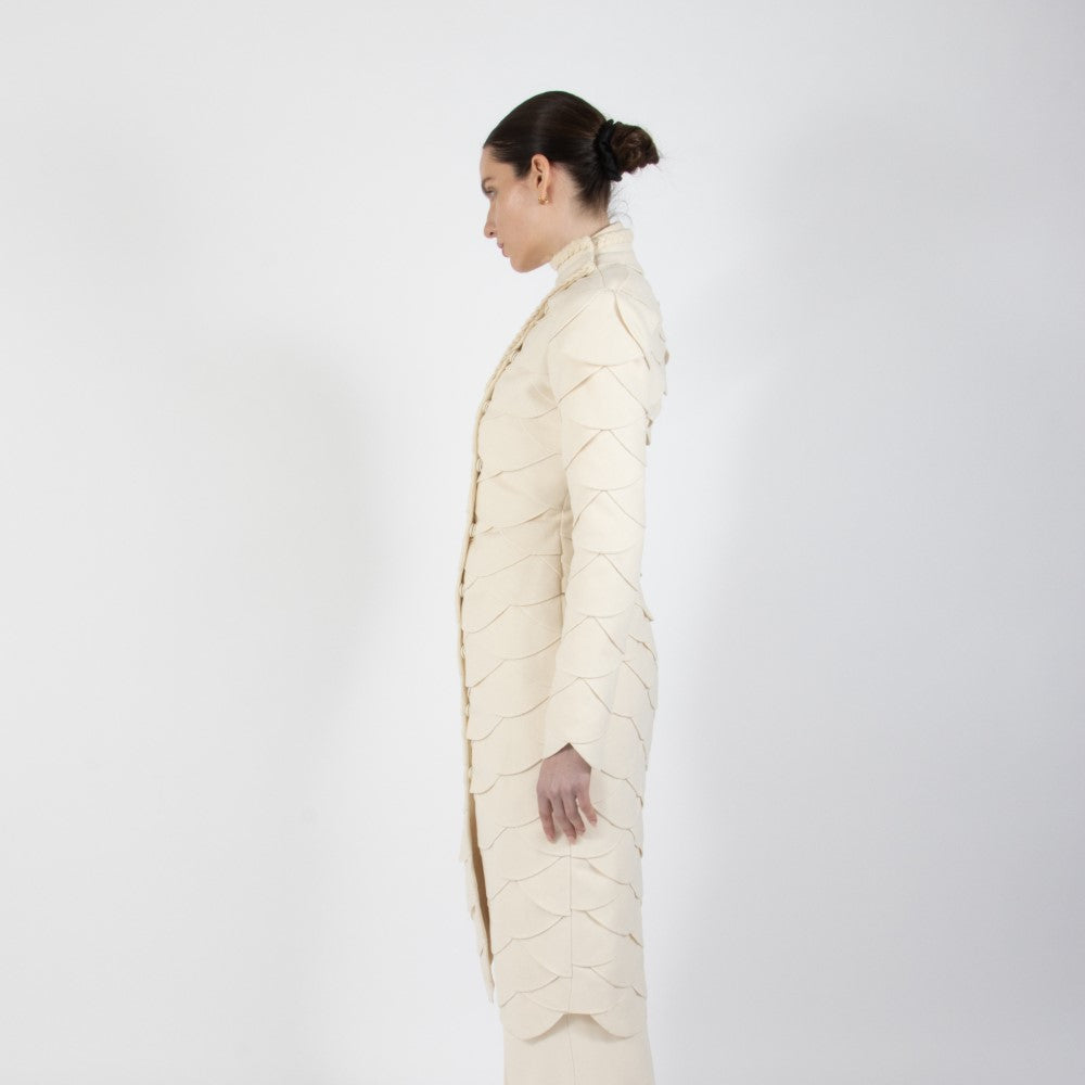 Ecru White Lumiere Scalloped Wool Overcoat
