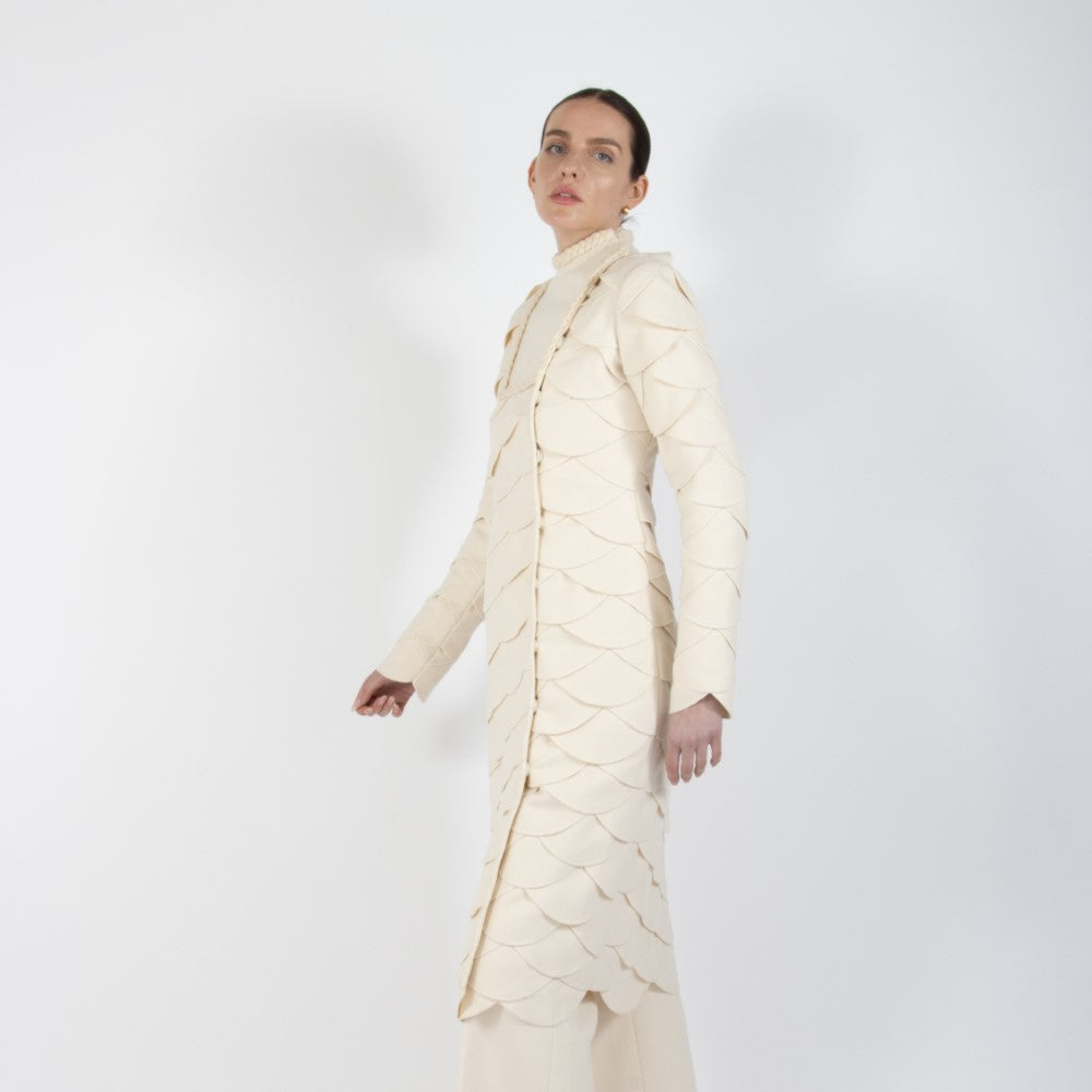 Ecru White Lumiere Scalloped Wool Overcoat