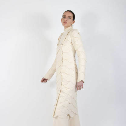 Ecru White Lumiere Scalloped Wool Overcoat