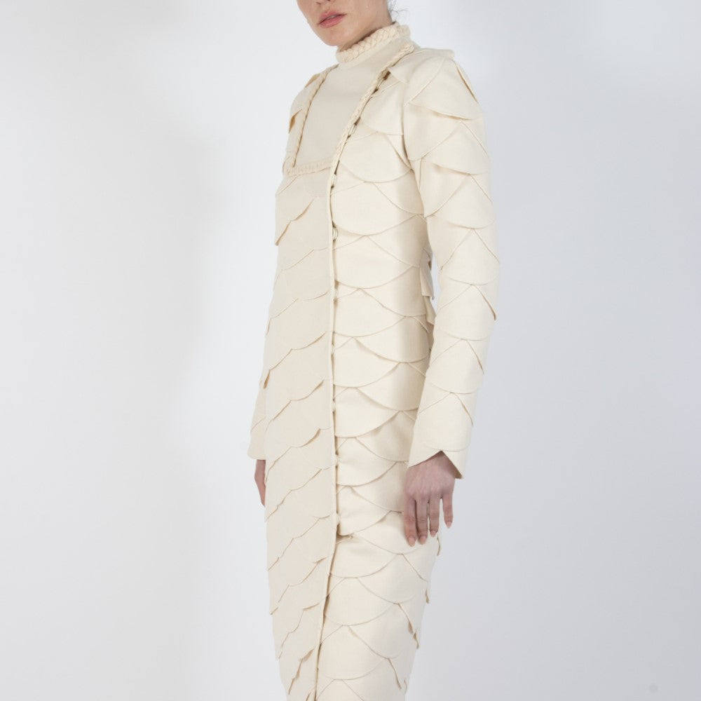 Ecru White Lumiere Scalloped Wool Overcoat