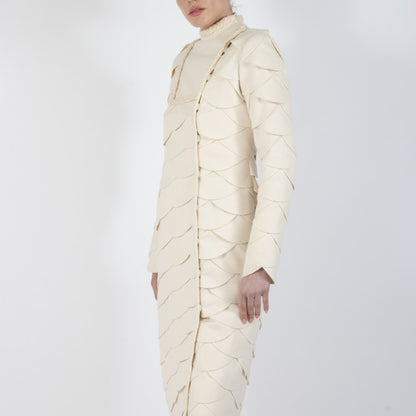 Ecru White Lumiere Scalloped Wool Overcoat